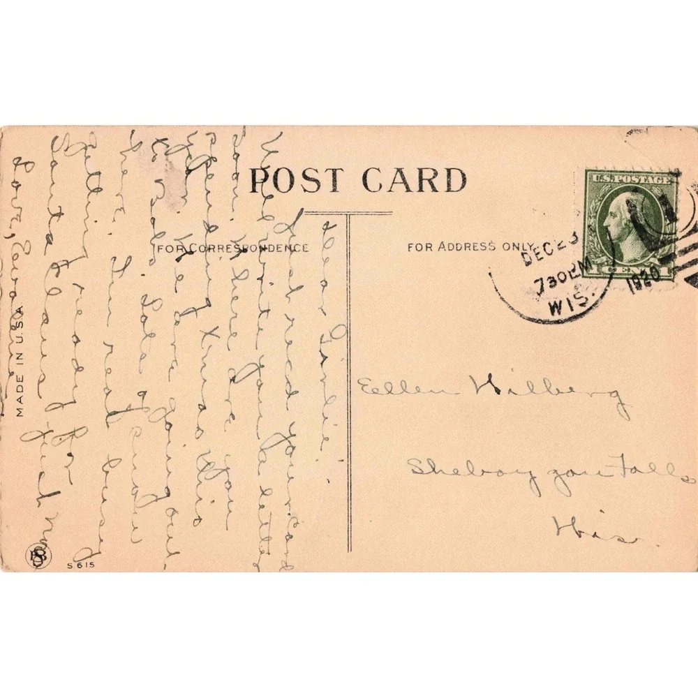 Vintage 1920 Happy New Year Postcard Winter Bridge Mistletoe Blue Monochrome G